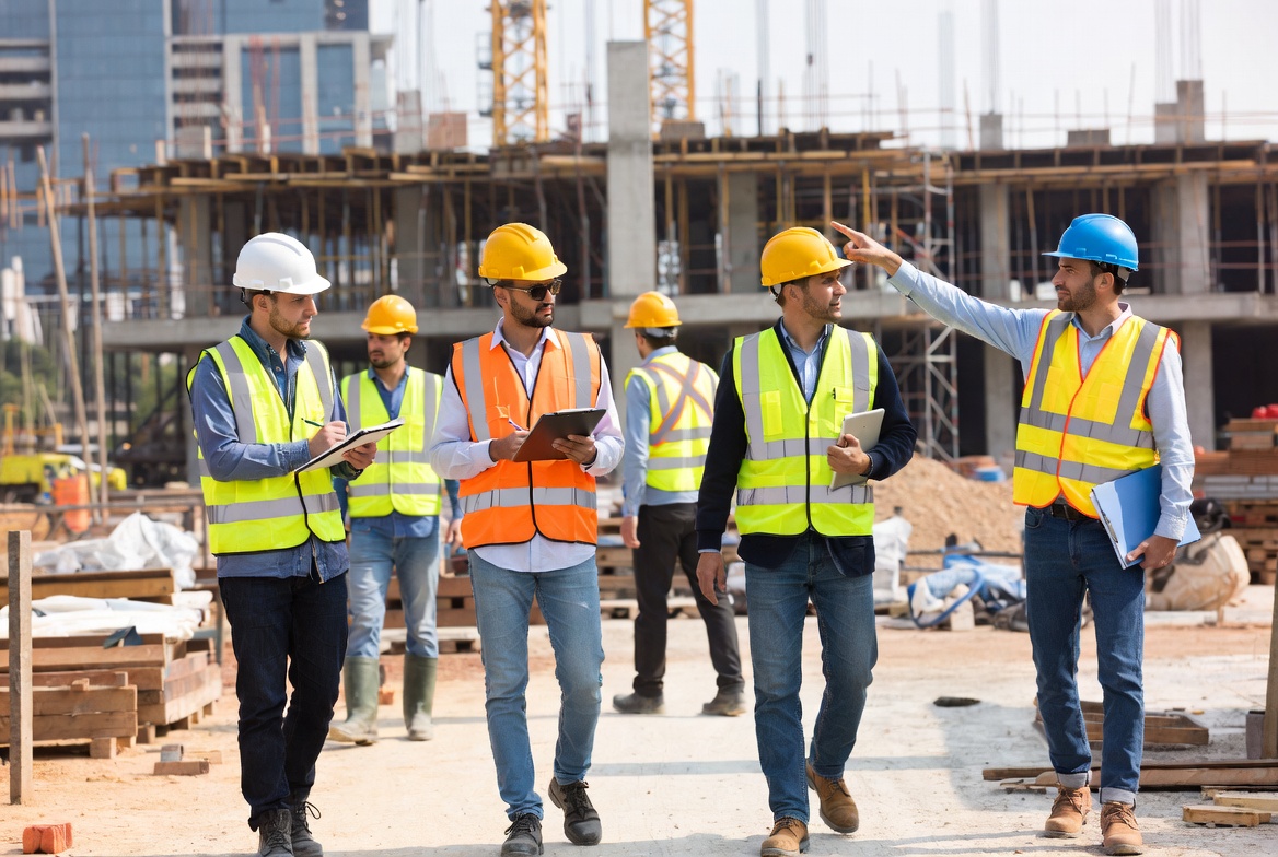 Construction team reviewing health and safety activity on site